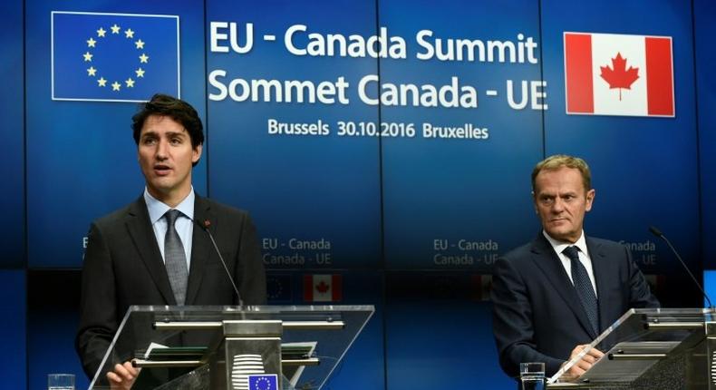 EU Council President Donald Tusk (R) and Canadian Prime Minister Trudeau during the EU-Canada Summit on the Comprehensive Economic and Trade Agreement (CETA)