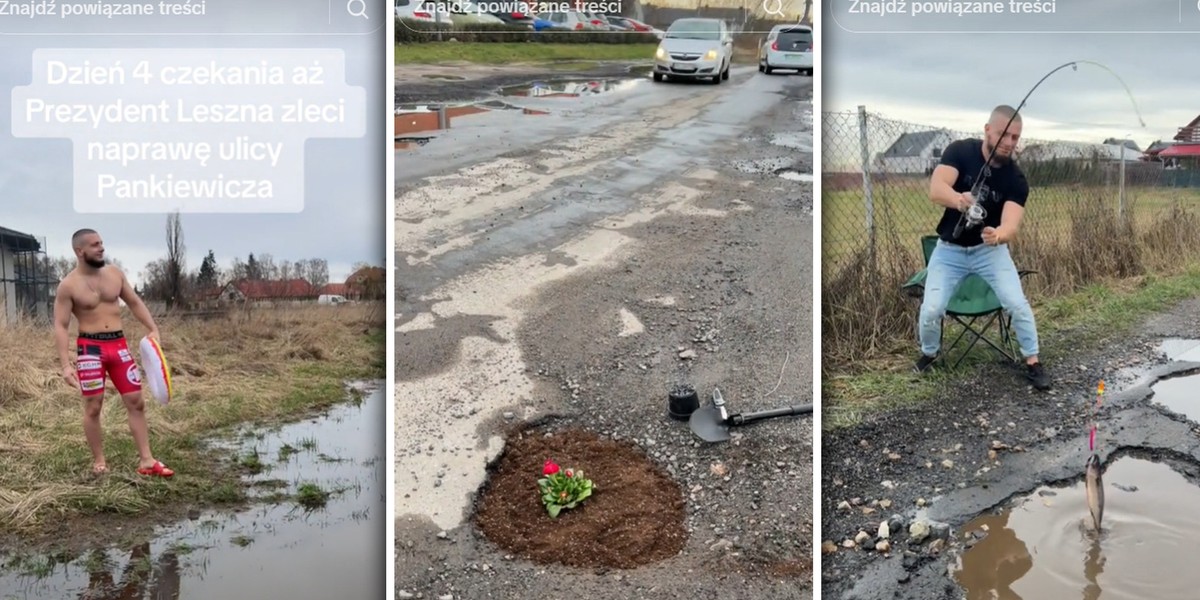 Mieszkaniec Leszna postanowił w niecodzienny sposób walczyć z dziurawą drogą.