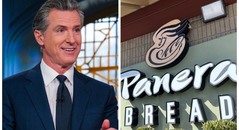 Gov. Gavin Newsom (left) and a California Panera Bread storefront.NBC, Gado/Getty Images