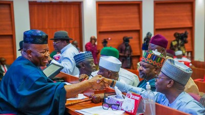 Nigerian senators with Senate President Godswill Akpabio (left) [Tope Brown]