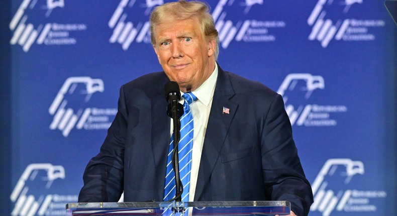 Republican presidential candidate and former President Donald Trump addresses the Republican Jewish Coalition (RJC) Annual Leadership Summit on October 28, 2023 at the Venetian Conference Center in Las Vegas, NevadaFREDERIC J. BROWN/AFP via Getty Images