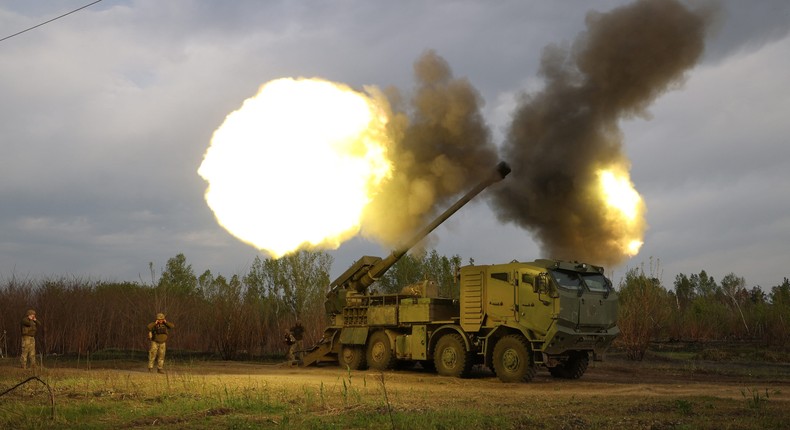 Gunners from 43rd Separate Mechanized Brigade of the Armed Forces of Ukraine fire at Russian position with a 155mm self-propelled howitzer 2C22 Bohdana in the Kharkiv region on April 21, 2024.Photo by ANATOLII STEPANOV/AFP via Getty Images