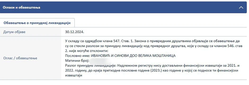 Obaveštenje o prinudnoj likvidaciji društva "Ivanović i sinovi" u Velikoj Moštanici