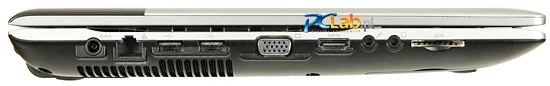 Lewa strona: czytnik kart pamięci, złącza audio, HDMI, VGA, dwa porty USB 2.0, RJ45, gniazdo zasilacza