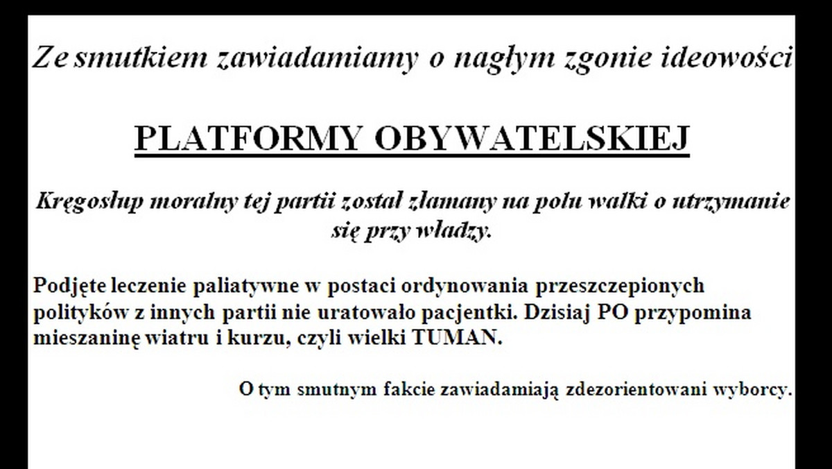 Krajowe Forum Bezrobotnych zaapelowało dzisiaj o wycofanie propozycji PSL o wprowadzeniu emerytur obywatelskich. KFB oceniło także kondycję Platformy Obywatelskiej wywieszając przed wejściem do biur poselskich PO klepsydrę, informując o zgonie ideowości PO.