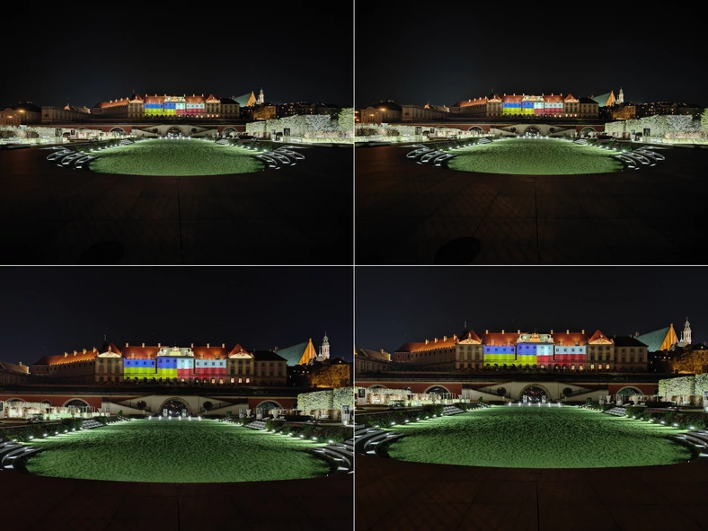 Pary zdjęć nocnych (szeroki kąt na górze, moduł standardowy na dole), ukazujące działanie trybu Ultra Night w ustawieniu standardowym (po lewej) oraz wykorzystującym dłuższe, 10-sekundowe naświetlanie sceny trybie "statywowym" (po prawej). Kliknij, aby powiększyć   