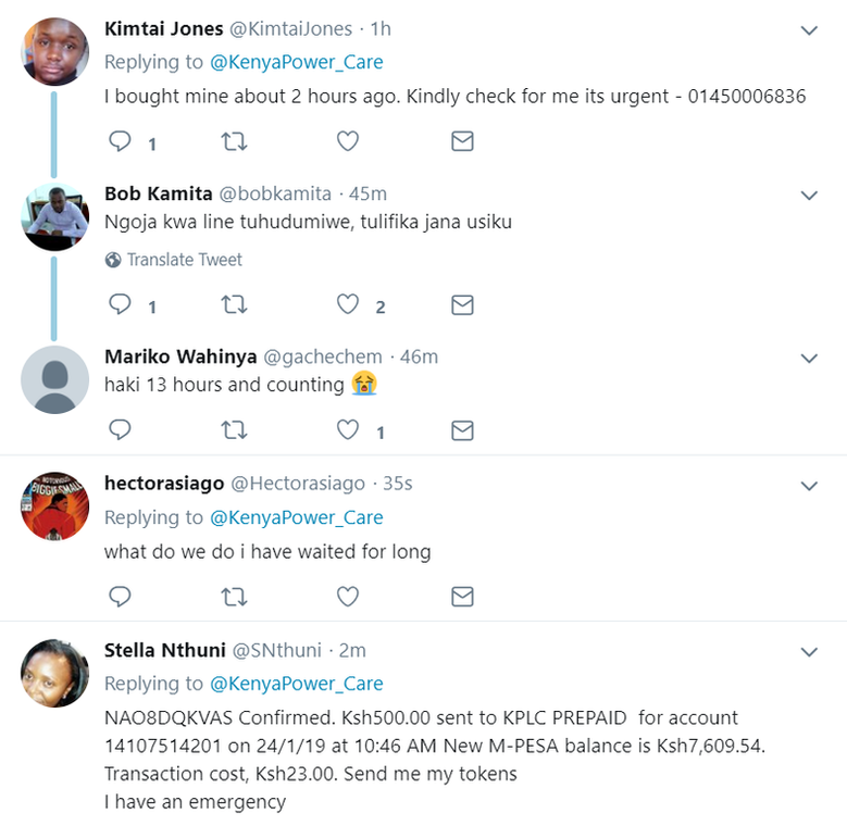 Comments shared on Kenya Power's deleted statement on tokens delay (Twitter) 