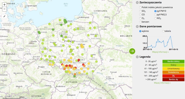 Stężenie pyłu PM10 - 2017-03-15 od godziny 04:00 do 05:00