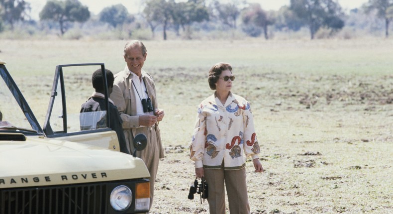 Queen Elizabeth II and Prince Philip on safari during their state visit to Zambia, 1979.