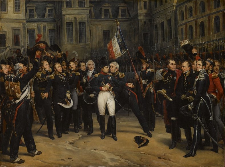 Pożegnanie Napoleona z Gwardią Cesarską na dziedzińcu Pałacu Fontainebleau 20 kwietnia 1814 r. Piąty po lewej stronie Cesarza Philippe Antoine d’Ornano – wojskowy i polityk, marszałek i Par Francji, mąż Marii Walewskiej