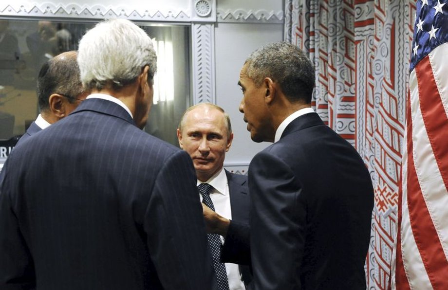 Putin and Russian Foreign Minister Sergei Lavrov with US President Barack Obama and Secretary of State John Kerry in New York.