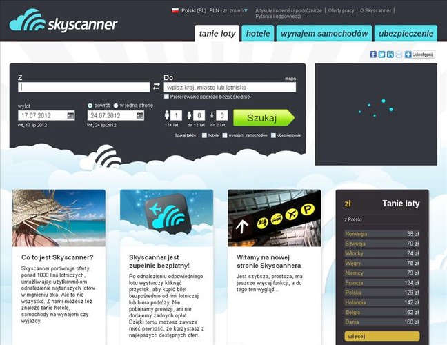 skyscanner.net – świetna wyszukiwarka i porównywarka cen lotów, dostępna także w polskiej wersji językowej. Połączenia można wyszukiwać według konkretnych dat i miejsc, ale także sprawdzić, w którym miesiącu loty są najtańsze np. ze wszystkich lotnisk Polski do Londynu. Czasem wyszukiwarka przekierowuje na strony pośrednika i dzięki temu bilet jest o dodatkowe kilkadziesiąt złotych tańszy.