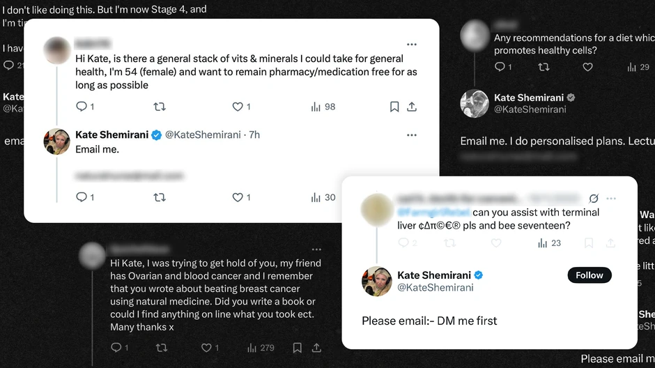 Skrin šot razmene poruka. „Zdravo, Kejt, da li postoji neka opšta grupa vitamina i minerala koje mogu da uzimam za opšte zdravlje, imam 54 godine (žensko), i želim da ne uzimam farmakološke proizvode/lekove koliko god dugo mogu."„Piši mi."„Zdravo, Kejt, pokušala sam da stupim u kontakt s tobom, moja prijateljica ima rak jajnika i rak krvi, i sećam se da si pisala kako si pobedila rak dojke uz pomoć prirodnih lekova. Da li si napisala knjigu ili mogu da nađem na internetu šta si uzimala? Puno hvala."„Da li možeš da pomogneš sa terminalnom cirozom jetre?"„Piši mi – prvo u DM."„Imaš li neku preporuku za ishranu koja promoviše zdrave ćelije?"„Piši mi mejl. Radim personalizovane preporuke." | Foto: BBC