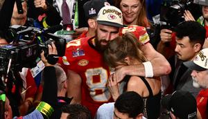 Travis Kelce and Taylor Swift hug at the 2024 Super Bowl.Patrick T. Fallon/AFP via Getty Images