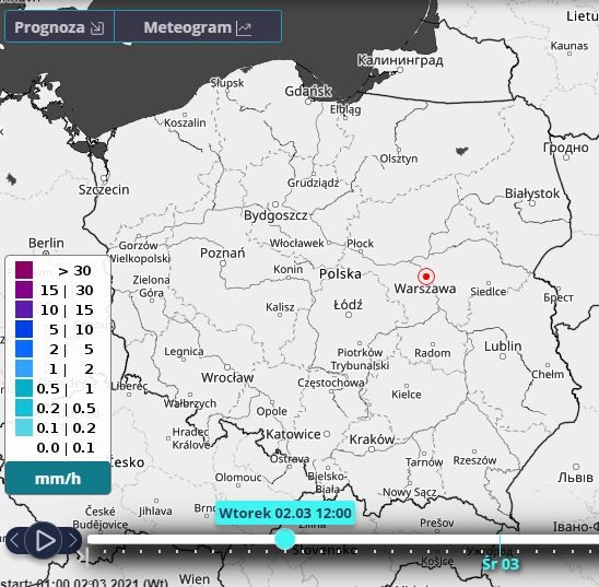 Prognozowane opady deszczu na wtorek