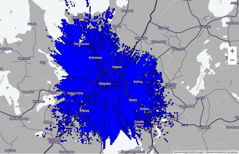 Mapa zasięgu 5G w Play - Giżycko