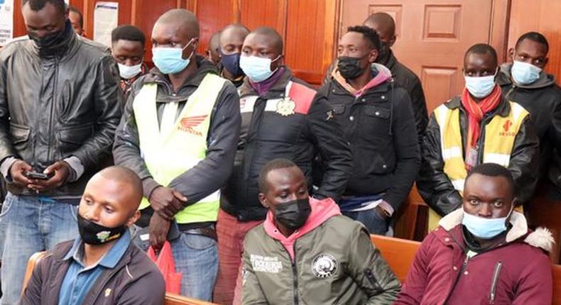 Some of the boda boda riders who were charged at the Milimani Law Courts in Nairobi on March 8, 2022 for contravening traffic rules. Dennis Onsongo | Nation Media Group