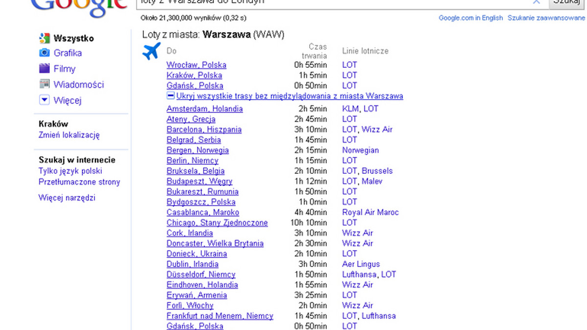 Od niedawna przy pomocy Google można szybko sprawdzić loty z wybranego miasta, ich częstotliwość, długość, dokładne godziny odlotu i przylotu, a także oznaczenie lotu.