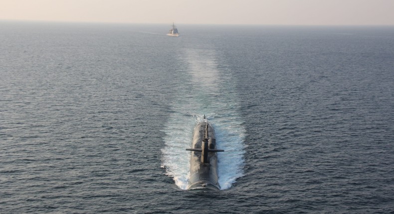 Submarine USS Georgia in the Strait of Hormuz with the cruiser USS Philippine Sea.US Navy courtesy photo