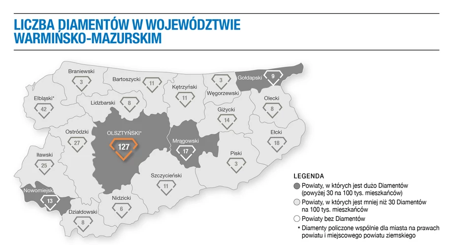 Liczba Diamentów w województwie warmińsko-mazurskim