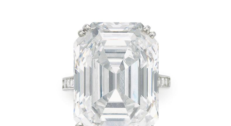 A rectangular-cut D color diamond ring of 28.70 carats sold for $2.05 million.