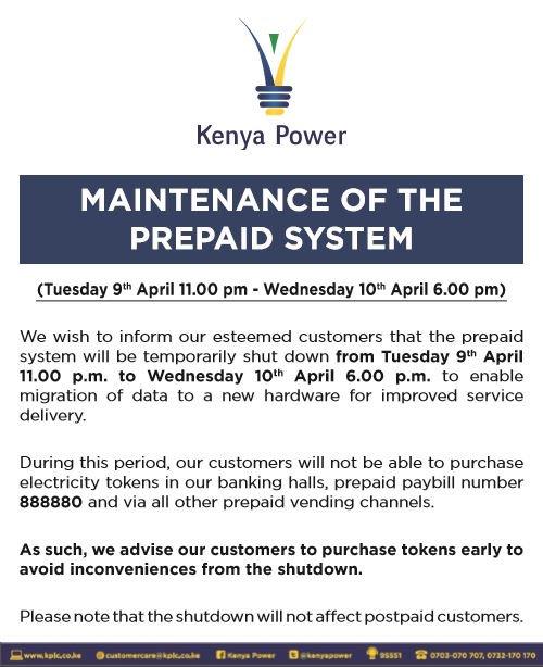 Kenya power token shutdown statement (Twitter) 