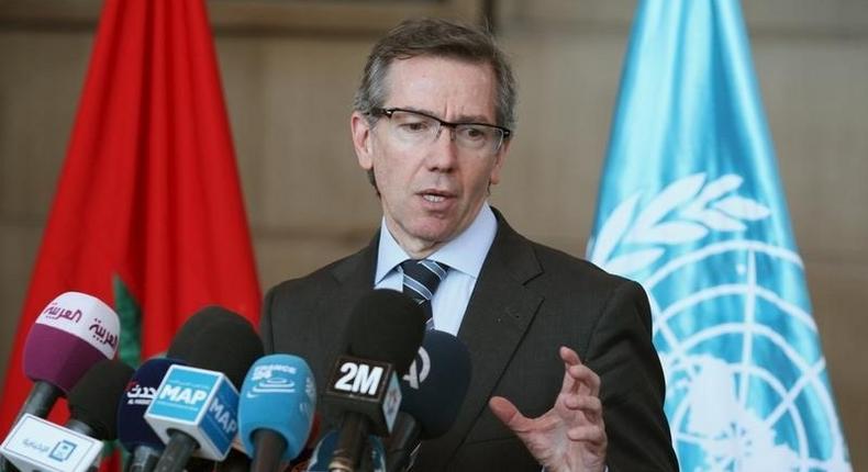 U.N. Special Representative and Head of the United Nations Support Mission in Libya, Bernardino Leon holds a news conference on Libya's reconciliation process at the es-Sahirat region of Rabat, March 20, 2015. REUTERS/Stringer