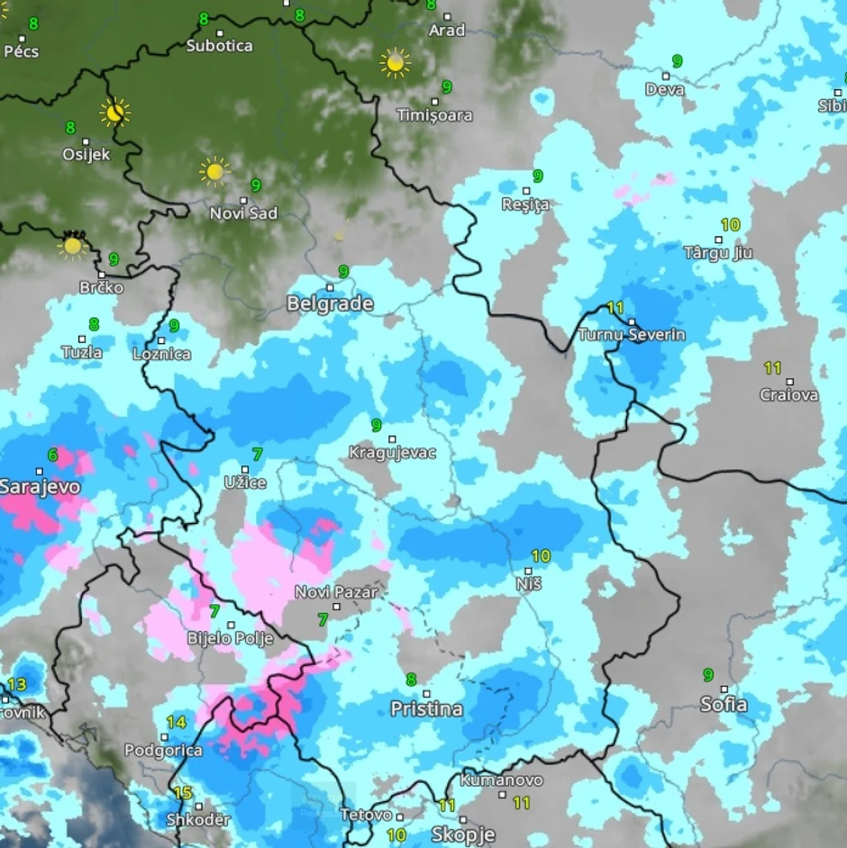 Kiša i sneg u ponedeljak u 8 ujutru