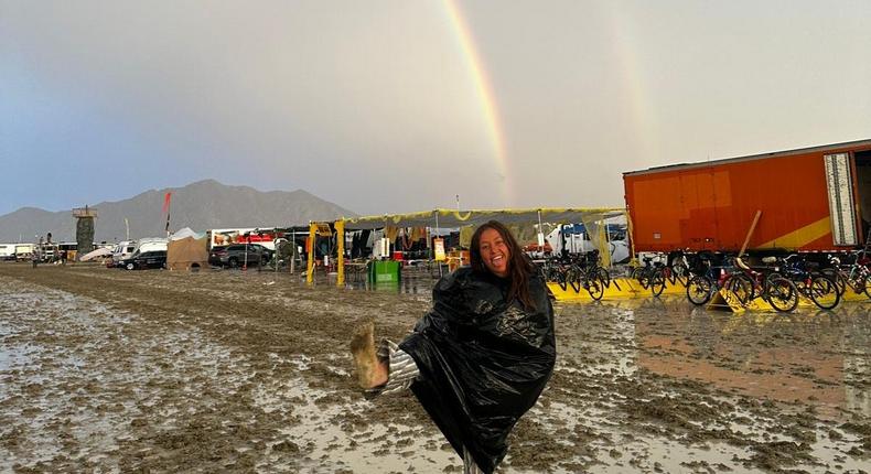 Violet Metcalfe Trott in the mud at Burning Man 2023.Violet Metcalfe Trott
