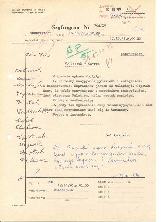 Depesza Romualda Spasowskiego do Warszawy z prośbą "o nastawienie", co mówić o wyborze Karola Wojtyły, 16 października 1978 r. (