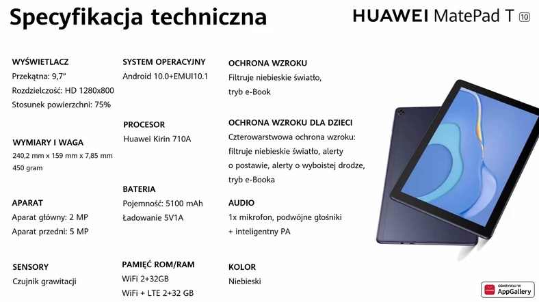 Specyfikacja techniczna tabletu MatePad T 10 (kliknij, aby powiększyć)