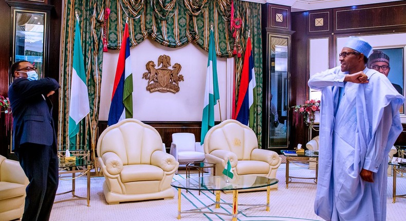 Embattled AfDB President, Akinwumi Adesina, meets President Muhammadu Buhari in Aso Villa. [Twitter/@BashirAhmaad]