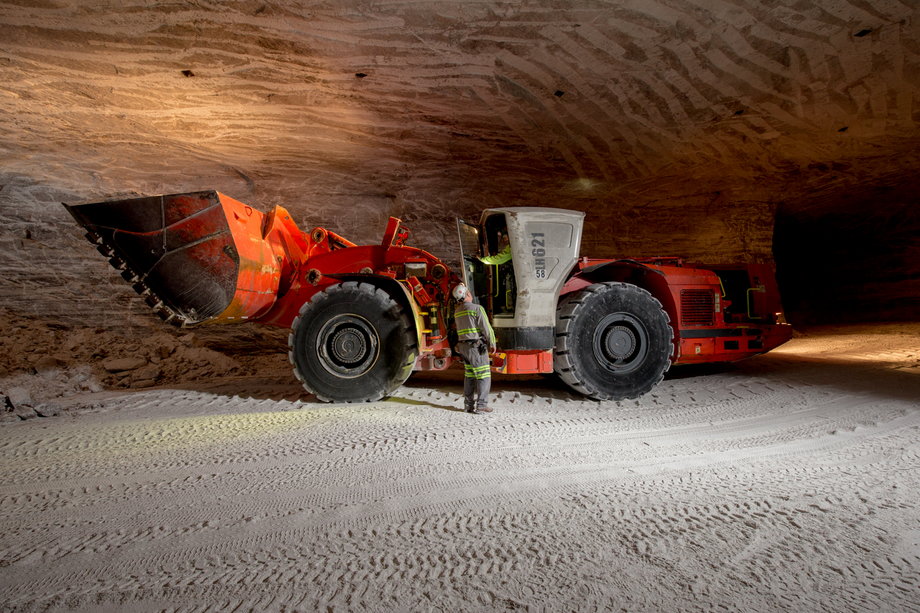 The first operation for mining rock salt is undercutting, a process in which large machines cut a space 10 or more feet deep into a solid salt wall.