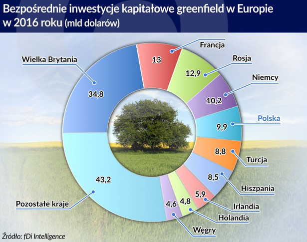 Bezpośrednie inwestycje kapitałowe greenfield w Europie w 2016 roku. Źródło: OF