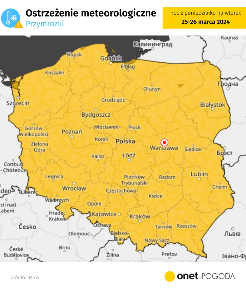Ostrzeżeniami przed przymrozkami najbliższej nocy została objęta cała Polska