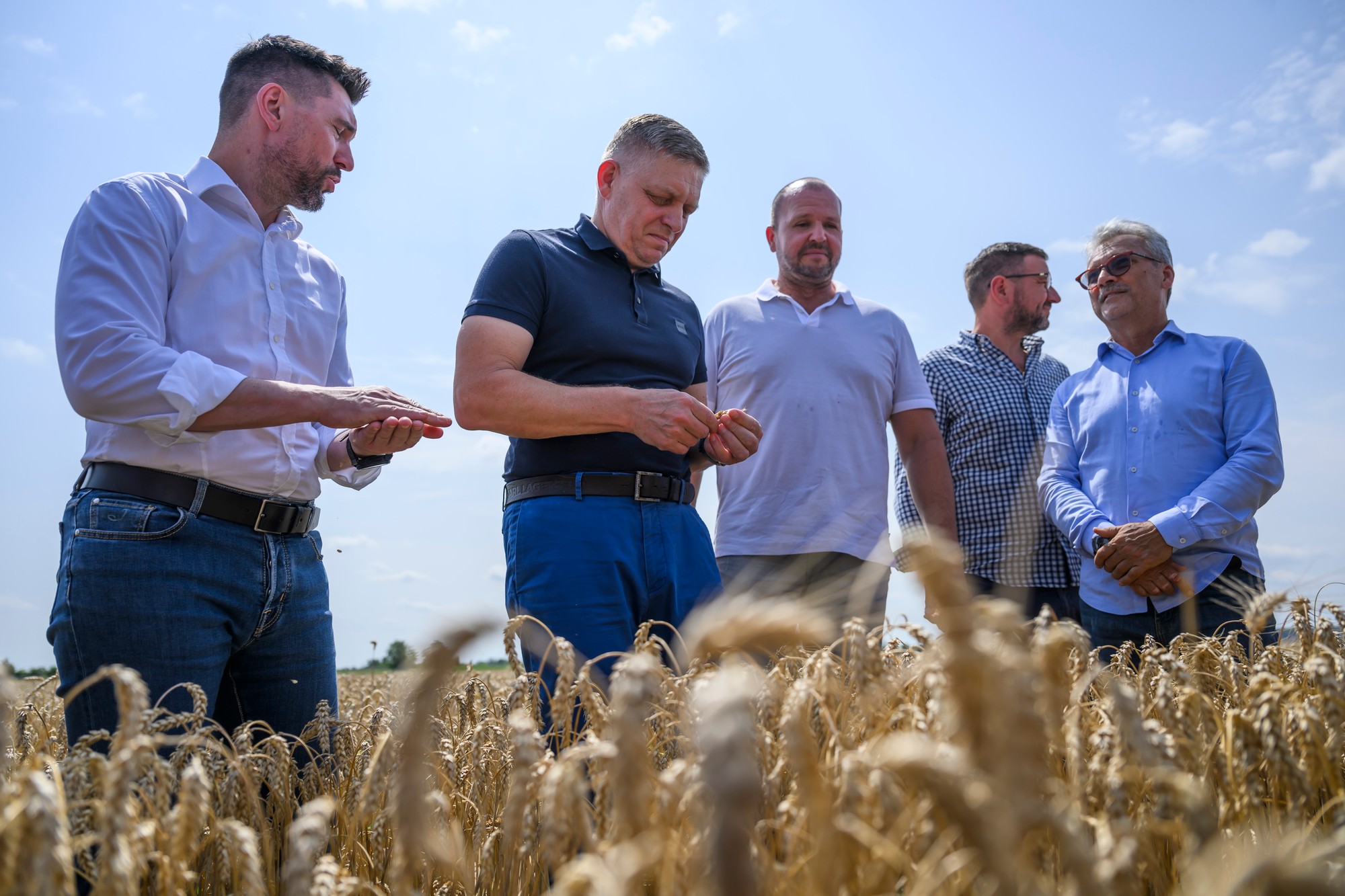 Richard Takáč a Robert Fico počas žatvy na poľnohospodárskom družstve Agro Voderady 8. júla 2024.