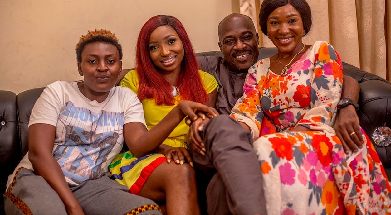 Uyoyou Adia, Omowunmi Dada, Paul Adams and Judith Audu on the set of 'The Family.' [Judith Audu production] 