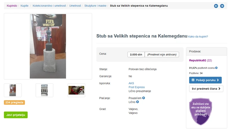 Visina stuba koji se prodaje sa skulpturom iznosi 28 cm