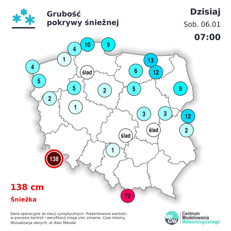 Grubość pokrywy śnieżnej w Polsce 6 stycznia