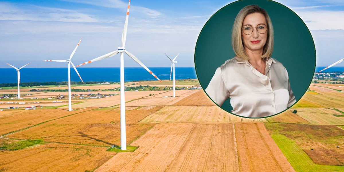 Olga Sypuła, szefowa European Energy w Polsce (fot. European Energy). W tle: farma wiatrowa, zdjęcie ilustracyjne