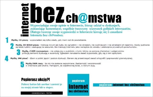 Strona Internet bez ch@mstwa chce uczulić polskich internautów na wulgarne słownictwo w sieci i niekiedy żenująco niski poziom dyskusji pomiędzy użytkownikami sieci.