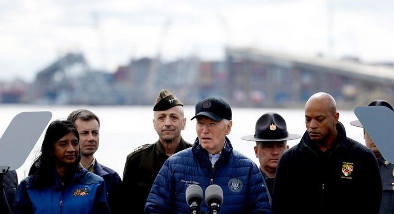 President Joe Biden delivers remarks near the site of the collapsed Francis Scott Key Bridge, on April 05, 2024, in Baltimore.Anna Moneymaker/Getty Images
