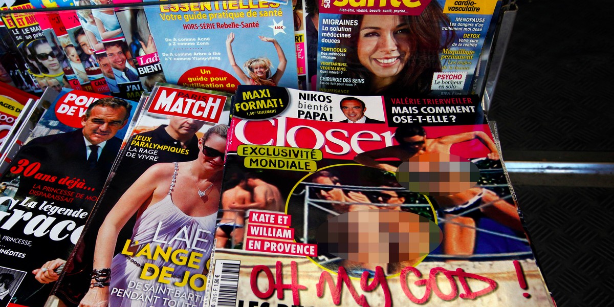 The edition of Closer magazine on news stands in France. Business Insider has blurred the image.