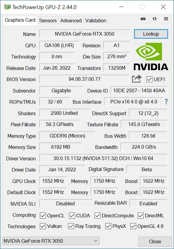 Gigabyte GeForce RTX 3050 GAMING OC – GPU-Z – specyfikacja układu