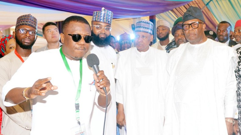 Mohammed Idris and Senate President Godswill Akpabio during the commissioning of NASENI-Portland CNG reverse engineering training, filling and conversion centre in Abuja on Friday, May 31.