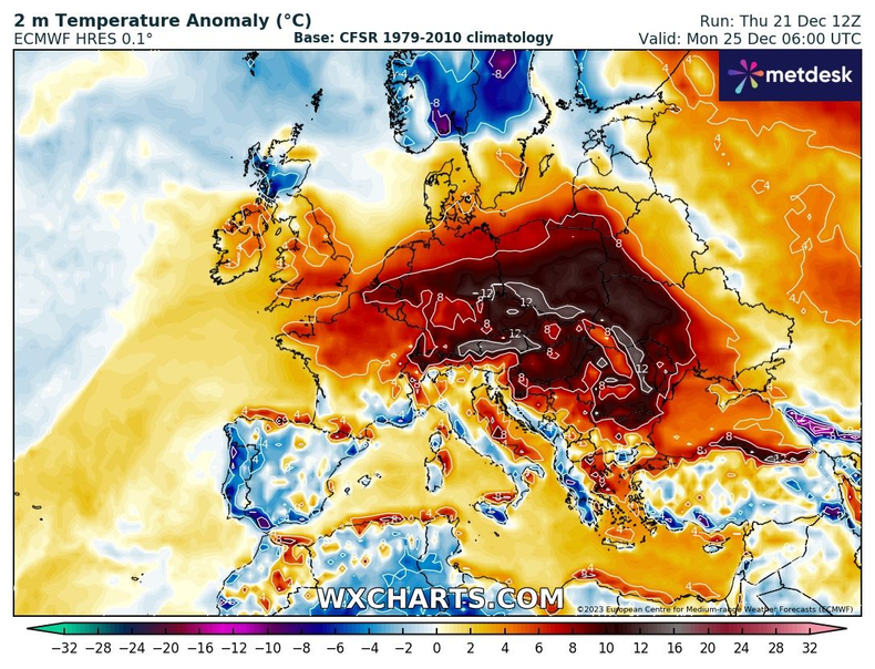 Prognozowana anomalia temperatury na Boże Narodzenie