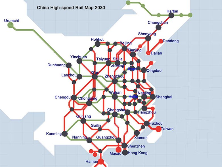 Mapa siatki szybkich połączeń w Chinach