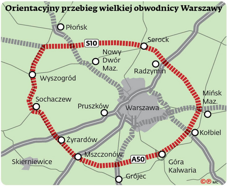 Orientacyjny przebieg wielkiej obwodnicy Warszawy