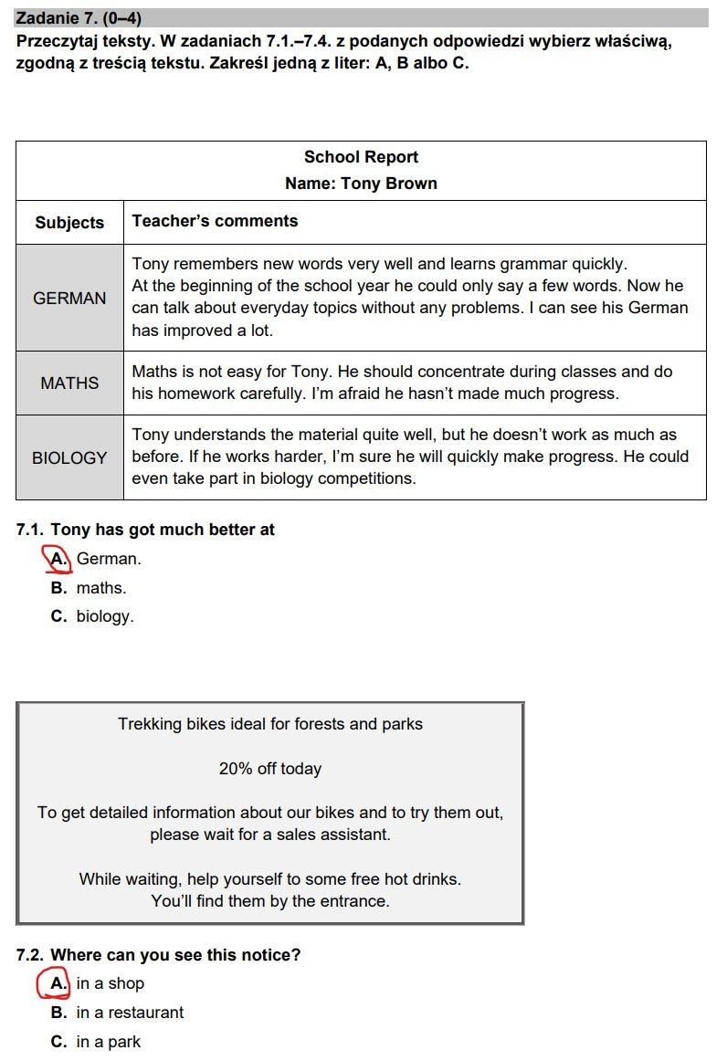 Egzamin ósmoklasisty 2023. Język angielski. Zadania 7.1 i 7.2