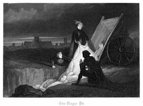 Składanie ciał do zbiorowego grobu w jamie zarazy. Londyn, 1665 r.